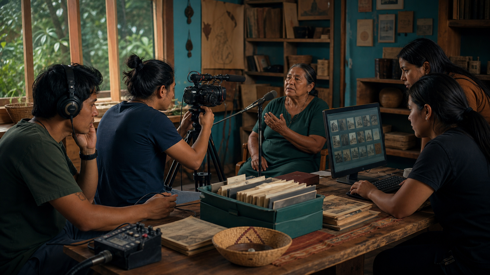 Ilustração conceitual de uma equipe comunitária documentando memórias e narrativas com áudio e vídeo