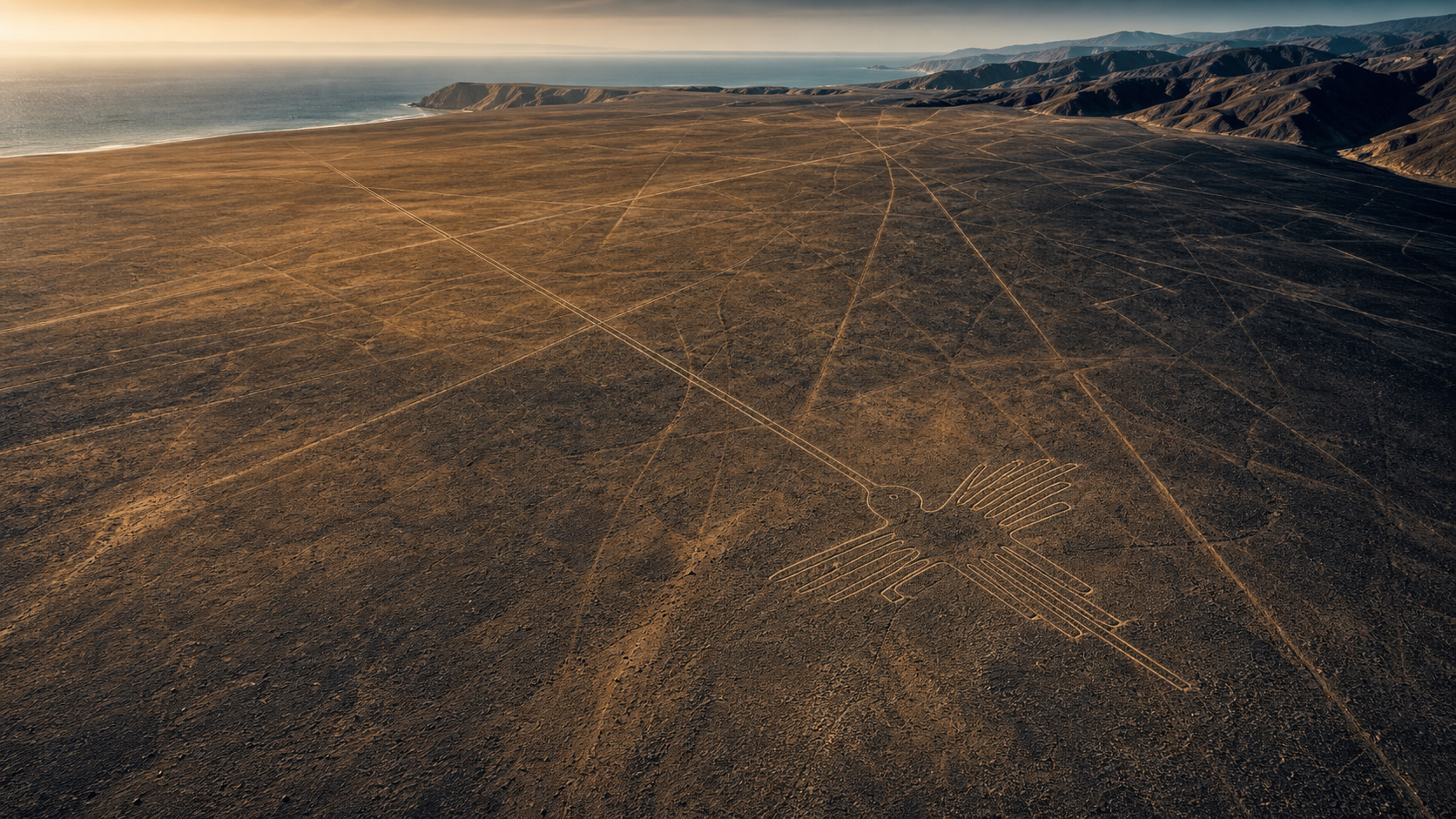 Vista aérea conceitual de linhas e figura estilizada no deserto de Nasca