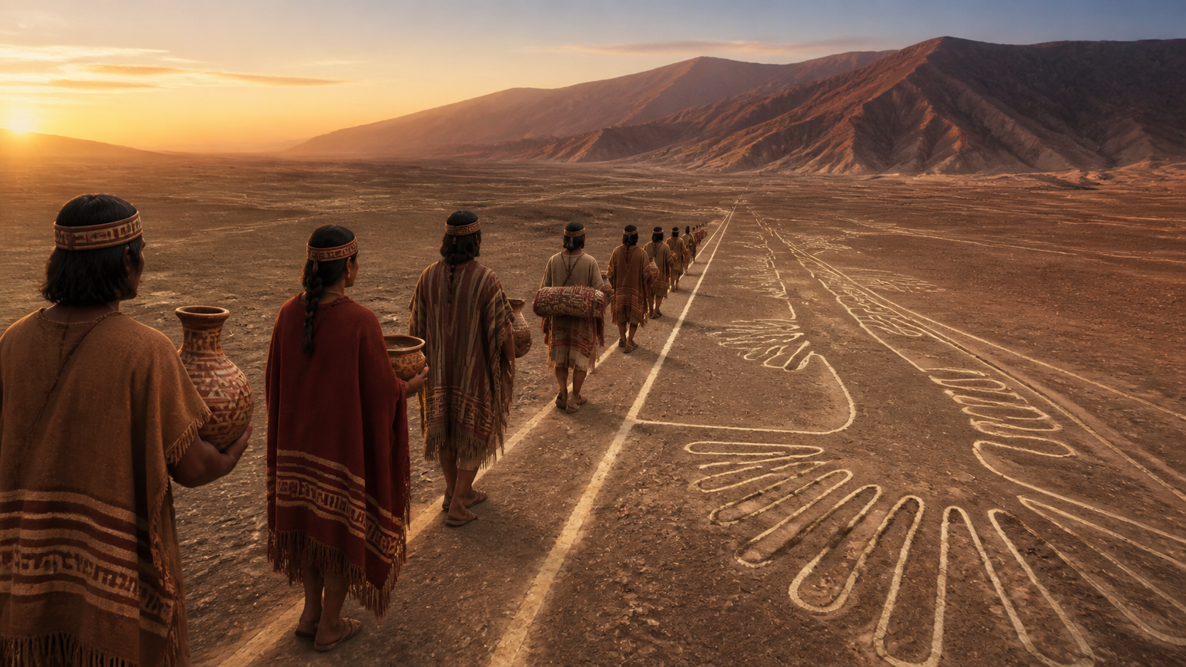 Reconstrução conceitual de uma pequena procissão percorrendo uma linha no deserto