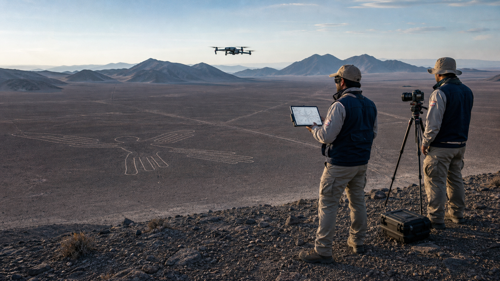 Ilustração conceitual de arqueólogos documentando geoglifos com drone e câmera