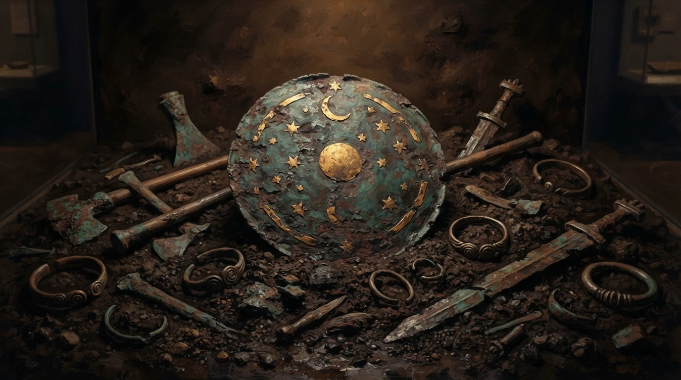Conjunto conceitual de objetos de bronze depositados junto a um disco celeste
