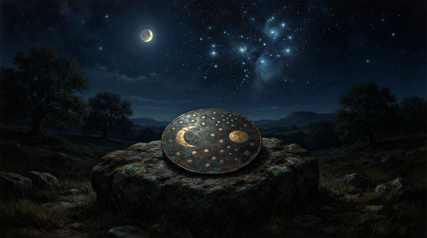 Reconstrução conceitual do Disco de Nebra sob céu noturno da Idade do Bronze