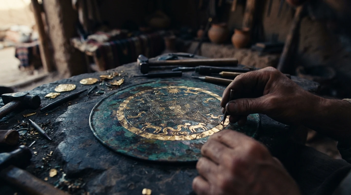 Detalhe conceitual de marcas e camadas de ouro em um disco de bronze antigo