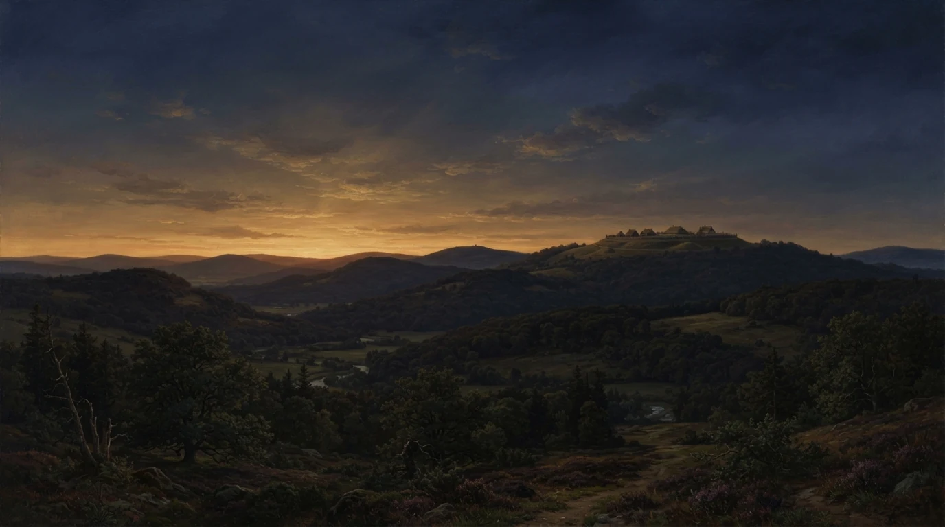Paisagem do Mittelberg ao entardecer evocando o horizonte associado ao Disco de Nebra
