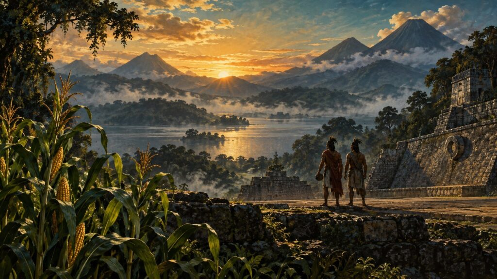 Ilustração artística do Popol Vuh com manuscrito, montanhas e figuras K’iche’ ao amanhecer