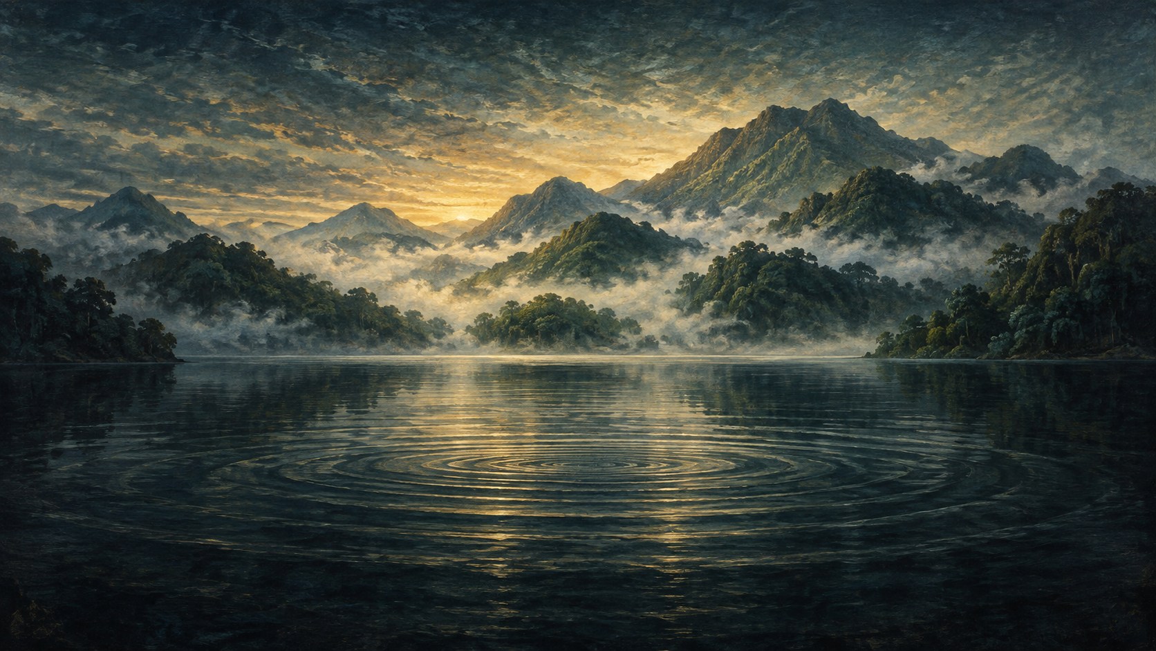 Ilustração artística da criação do mundo no Popol Vuh, com água, neblina, montanhas e floresta