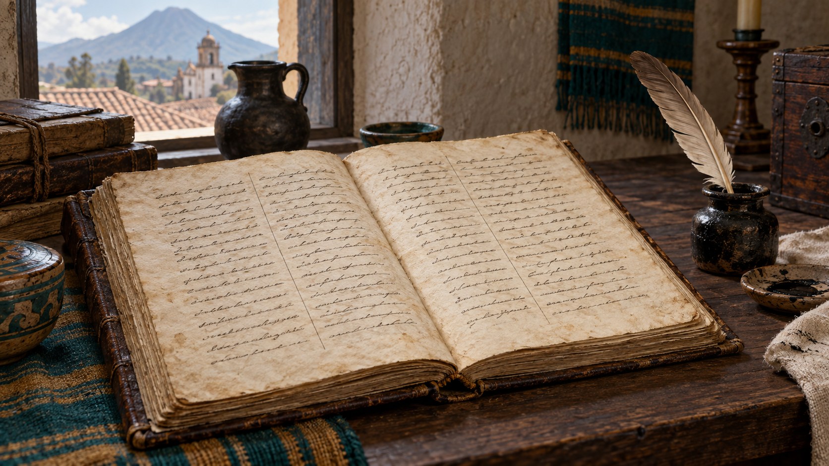 Reconstrução conceitual de um manuscrito bilíngue do Popol Vuh sobre uma mesa