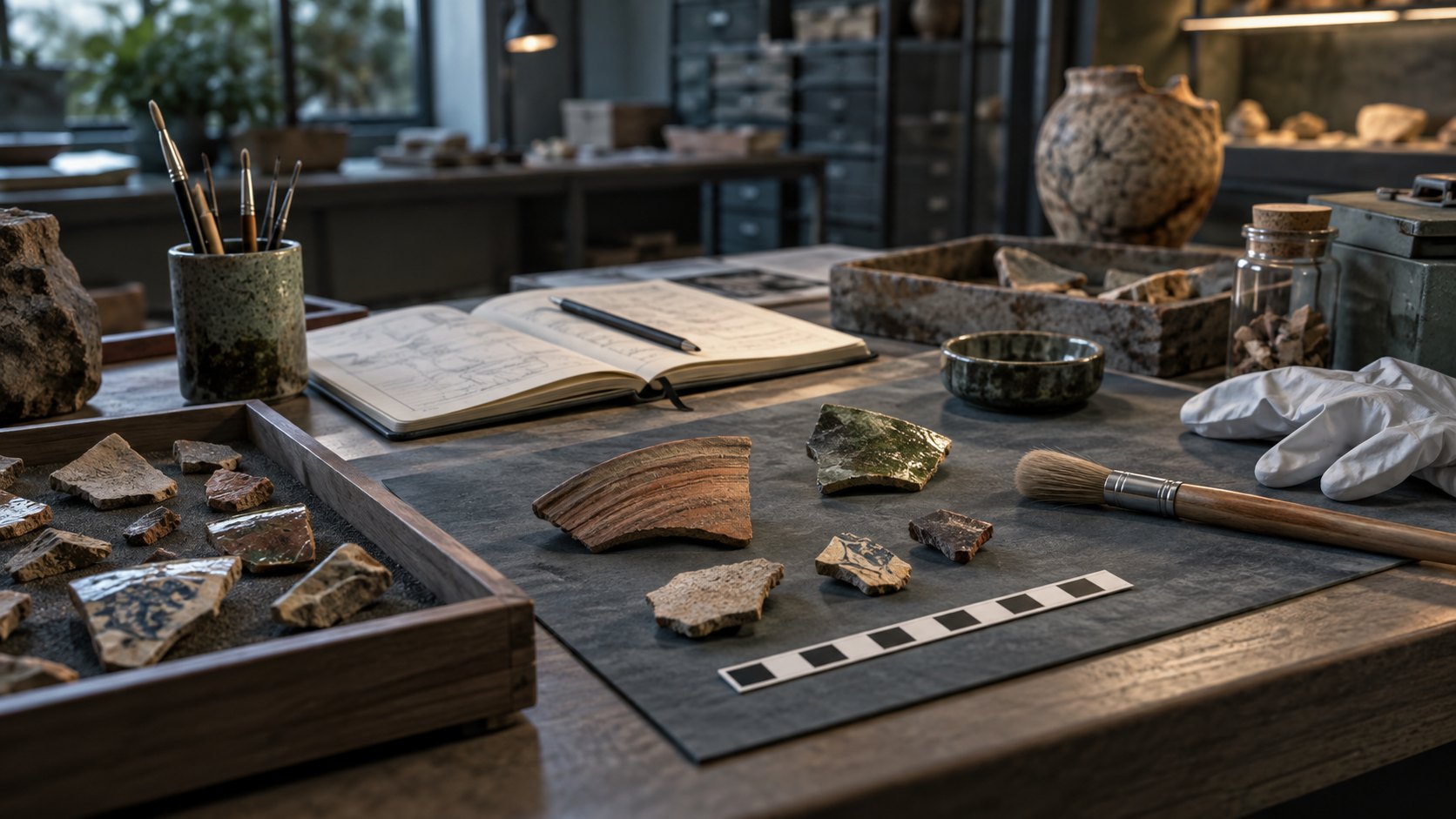 Ilustração conceitual de fragmentos cerâmicos e instrumentos sobre uma mesa de pesquisa arqueológica