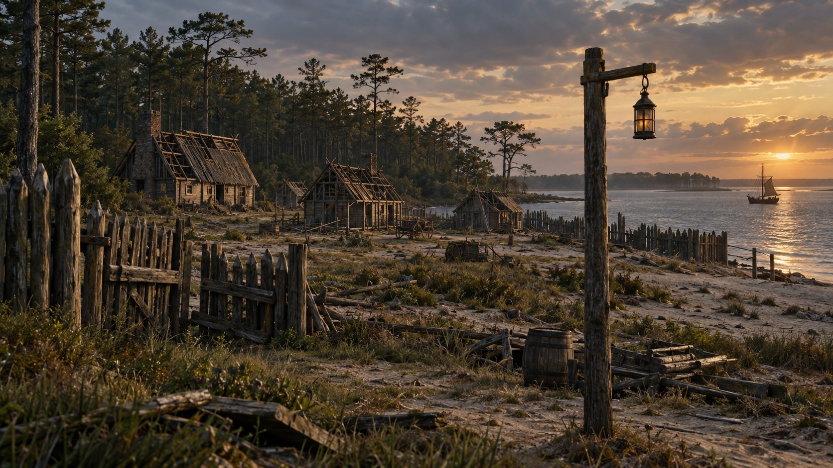 Reconstrução artística de um assentamento inglês na paisagem costeira de Roanoke no século XVI