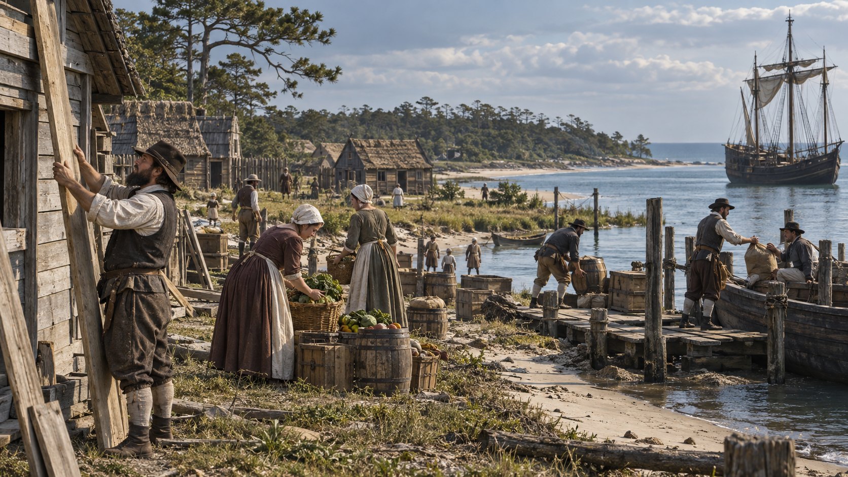 Reconstrução conceitual das famílias inglesas restaurando o assentamento de Roanoke em 1587