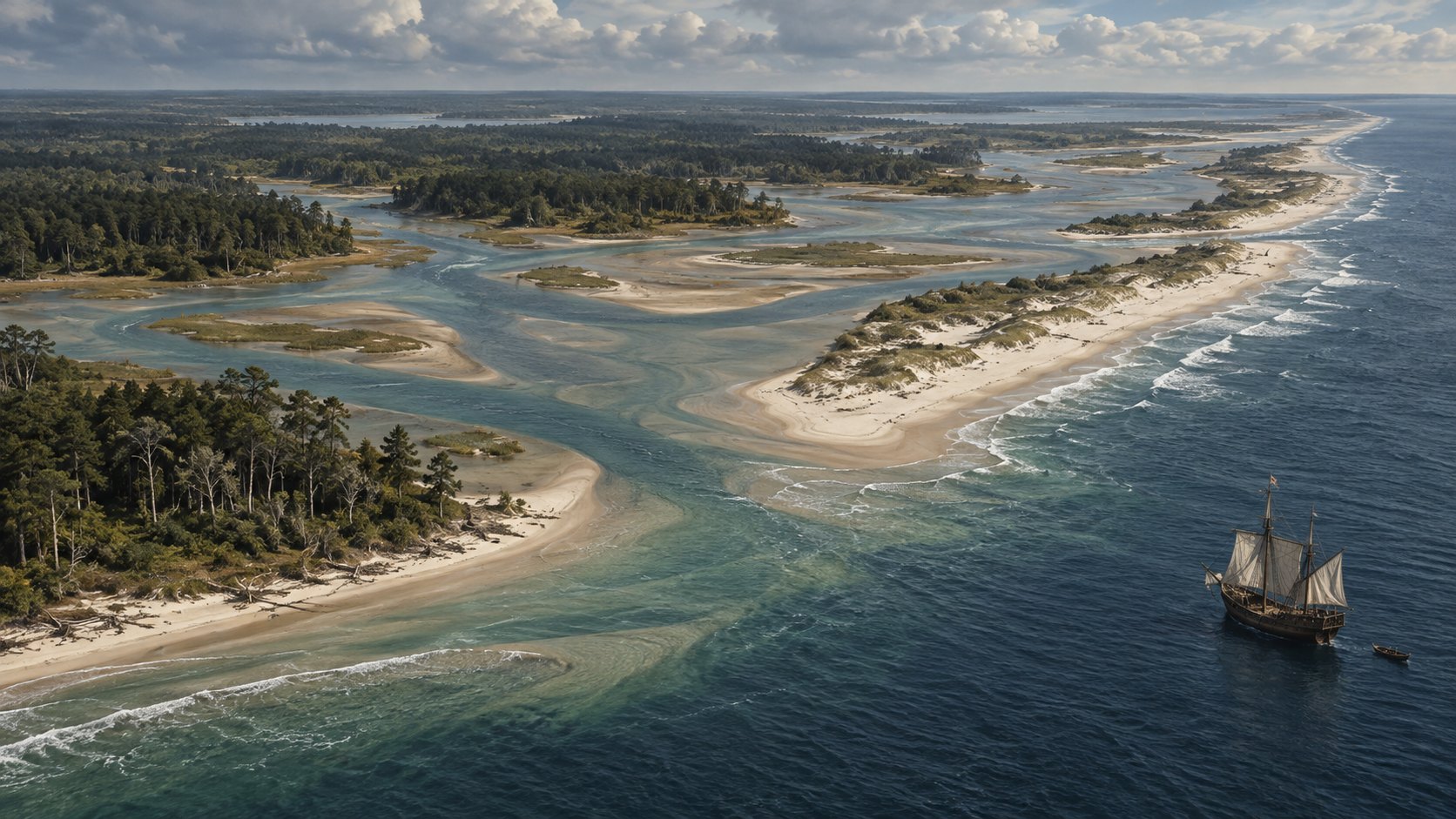 Paisagem aérea conceitual de ilhas-barreira, estuários e litoral da Carolina do Norte