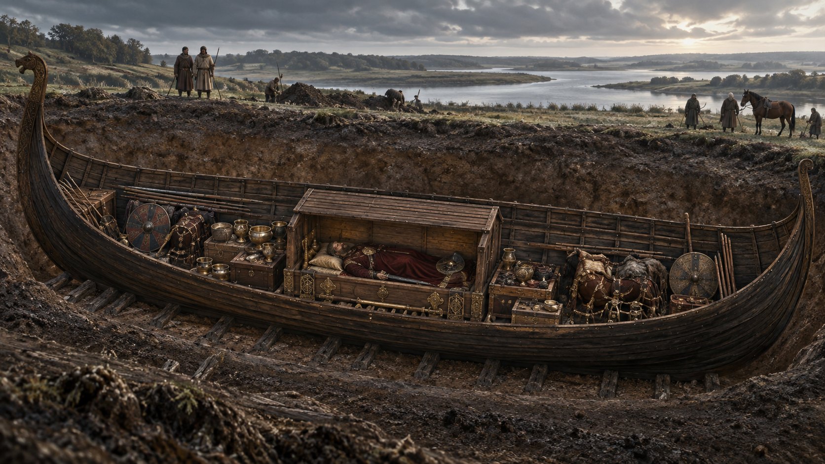 Reconstrução conceitual em corte do navio e da câmara funerária de Sutton Hoo