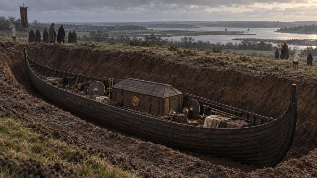 Reconstrução artística de um funeral anglo-saxão com navio em Sutton Hoo no século VII