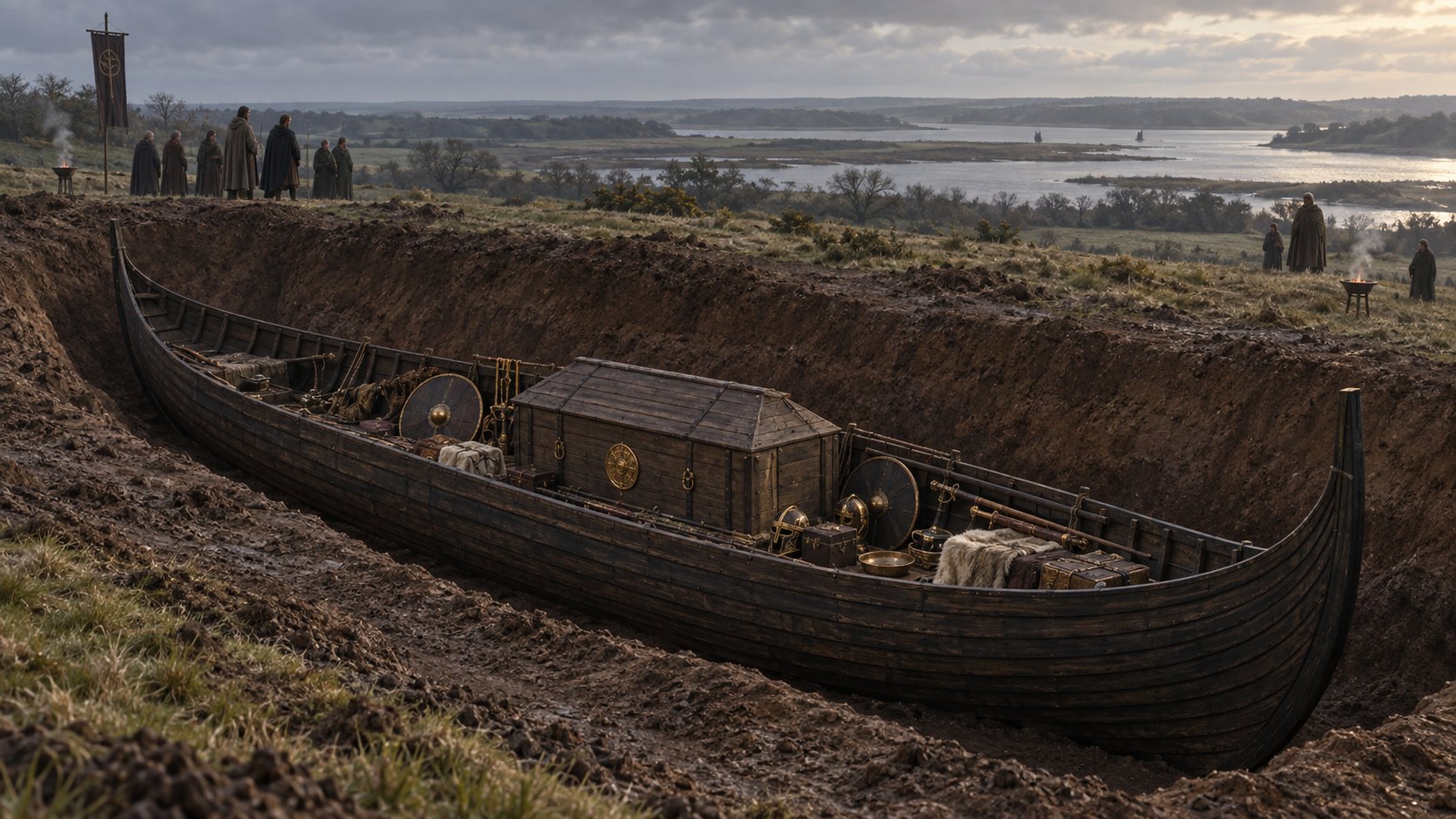 Reconstrução artística de um funeral anglo-saxão com navio em Sutton Hoo no século VII