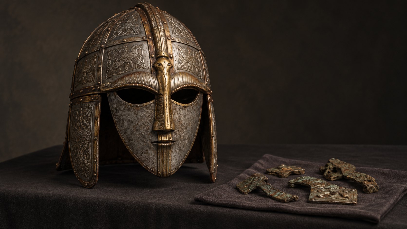 Estudo artístico do capacete de Sutton Hoo fragmentado e reconstruído