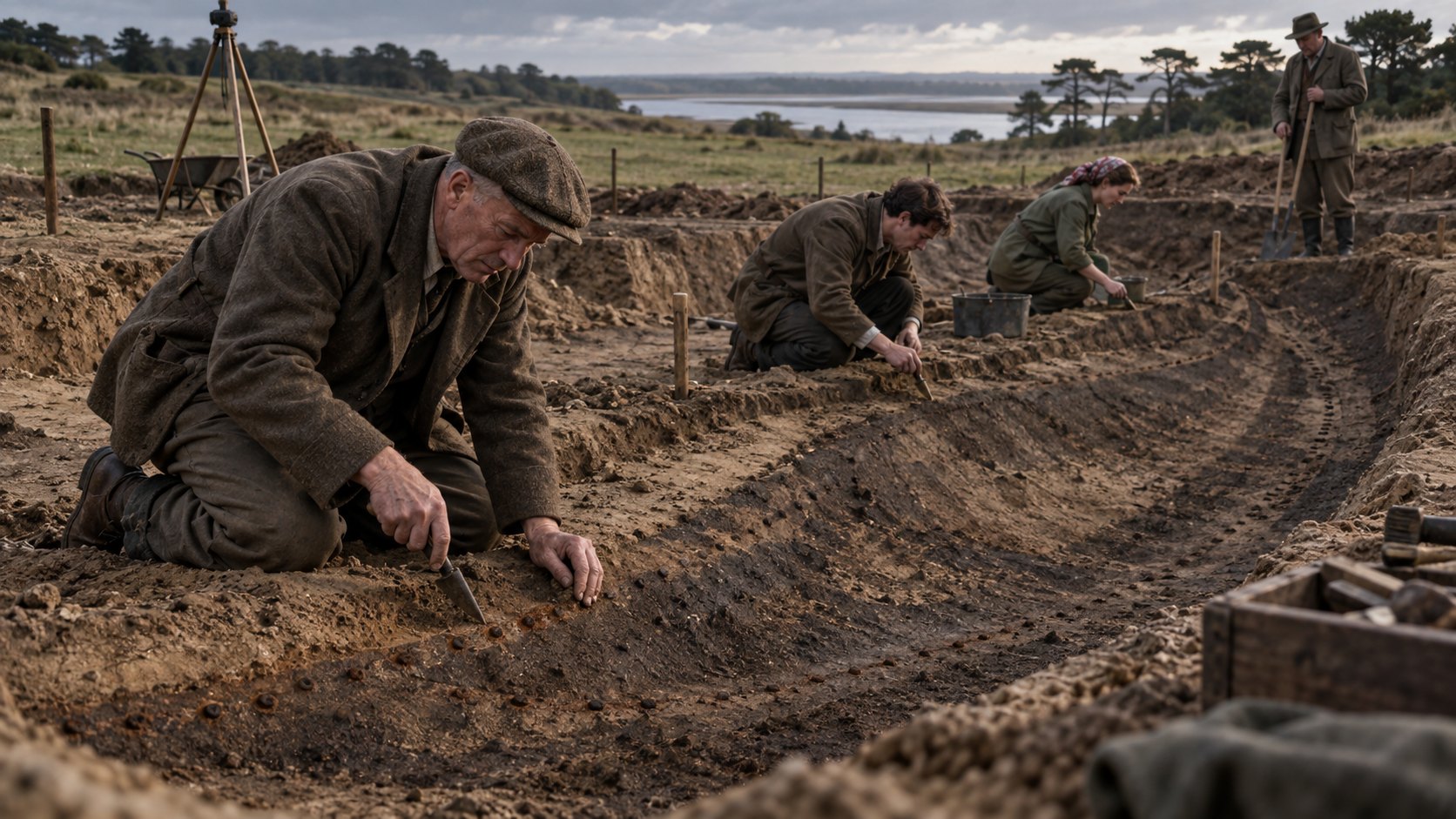 Reconstrução conceitual da escavação do navio funerário de Sutton Hoo em 1939