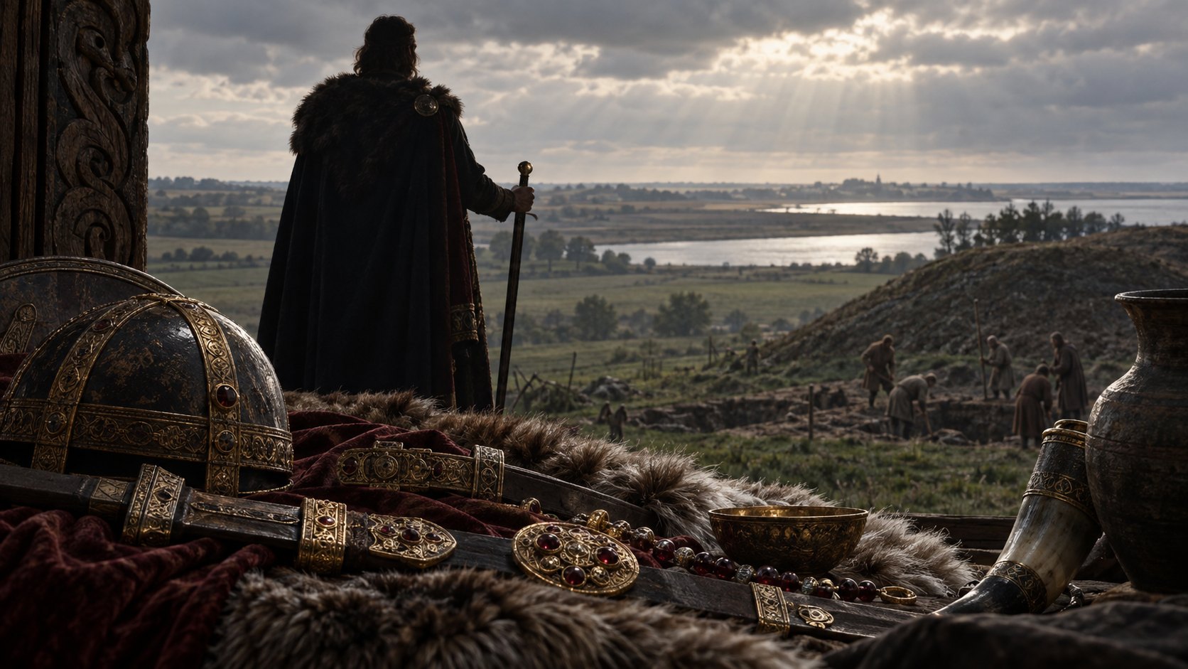 Reconstrução artística de um governante anglo-saxão não identificado associado a Sutton Hoo