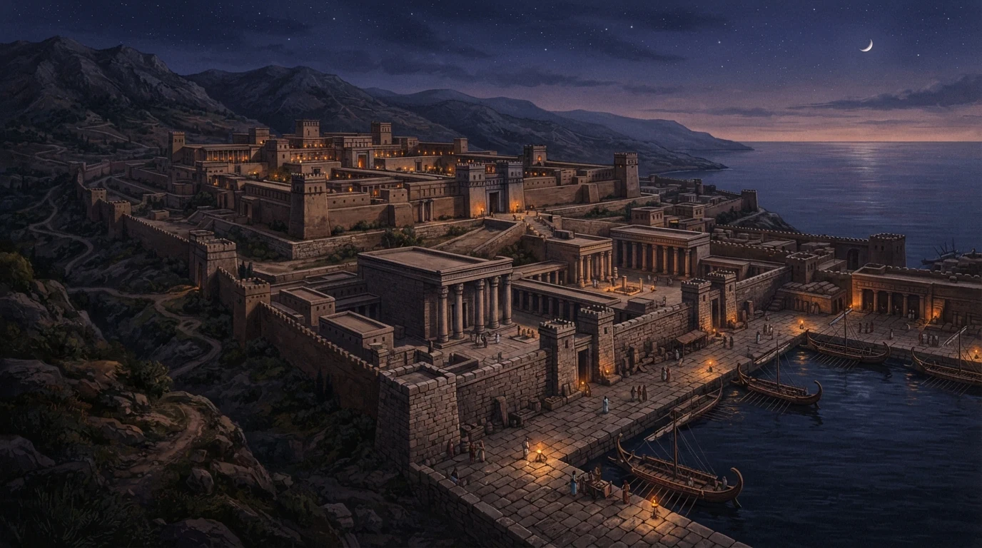 Reconstrução conceitual do palácio de Ugarit entre montanhas e mar