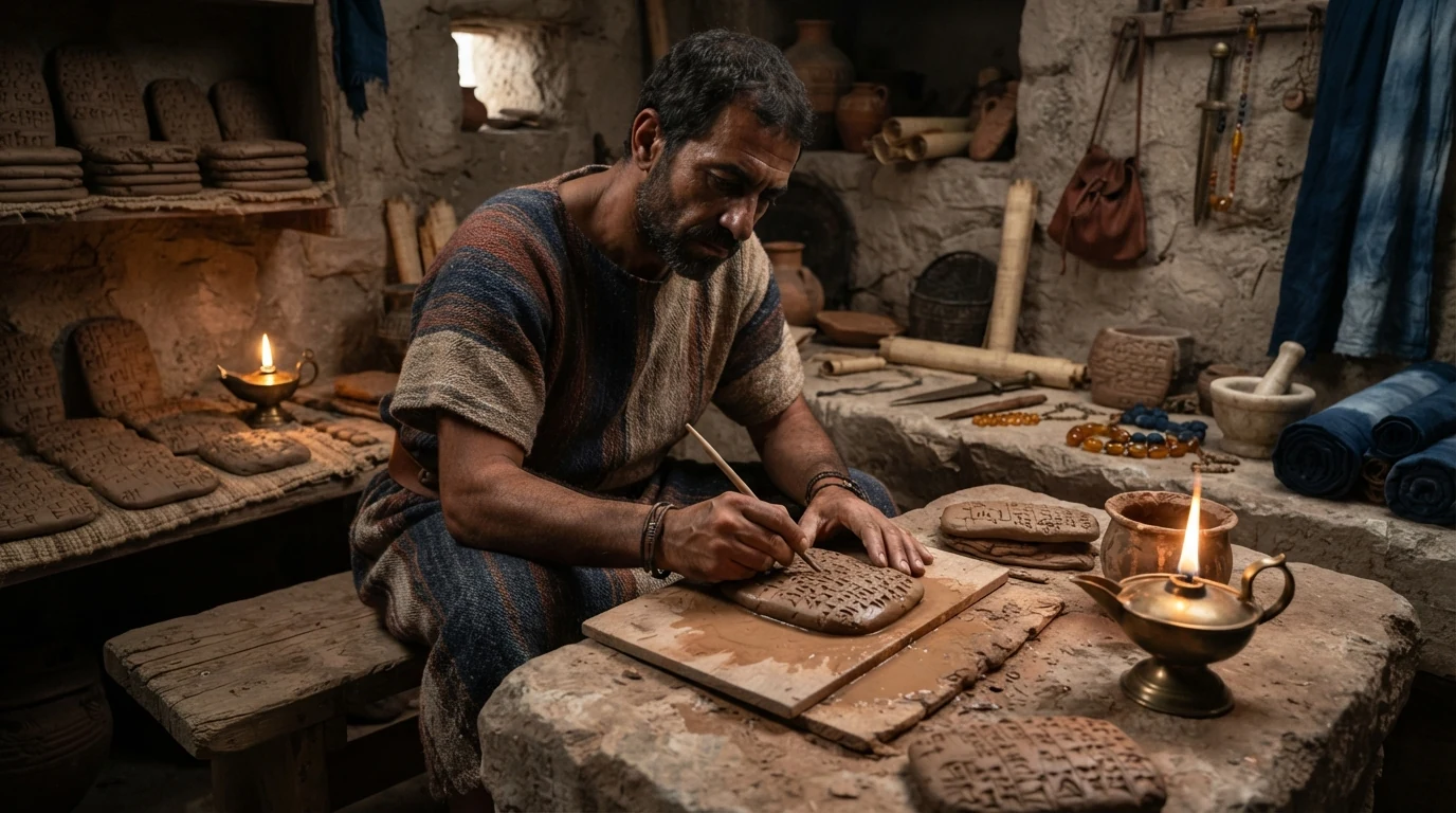 Reconstrução conceitual de escriba ugarítico gravando sinais em tábua de argila
